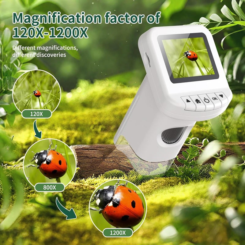 WSDMIC 1200X Handheld Portable Microscope for Kids Digital Scope 2.0" Screen Rechargeable STEM Toy Slide Kit Pocket Science Gift for Children Ages 6-12 Students (White) - Image 3